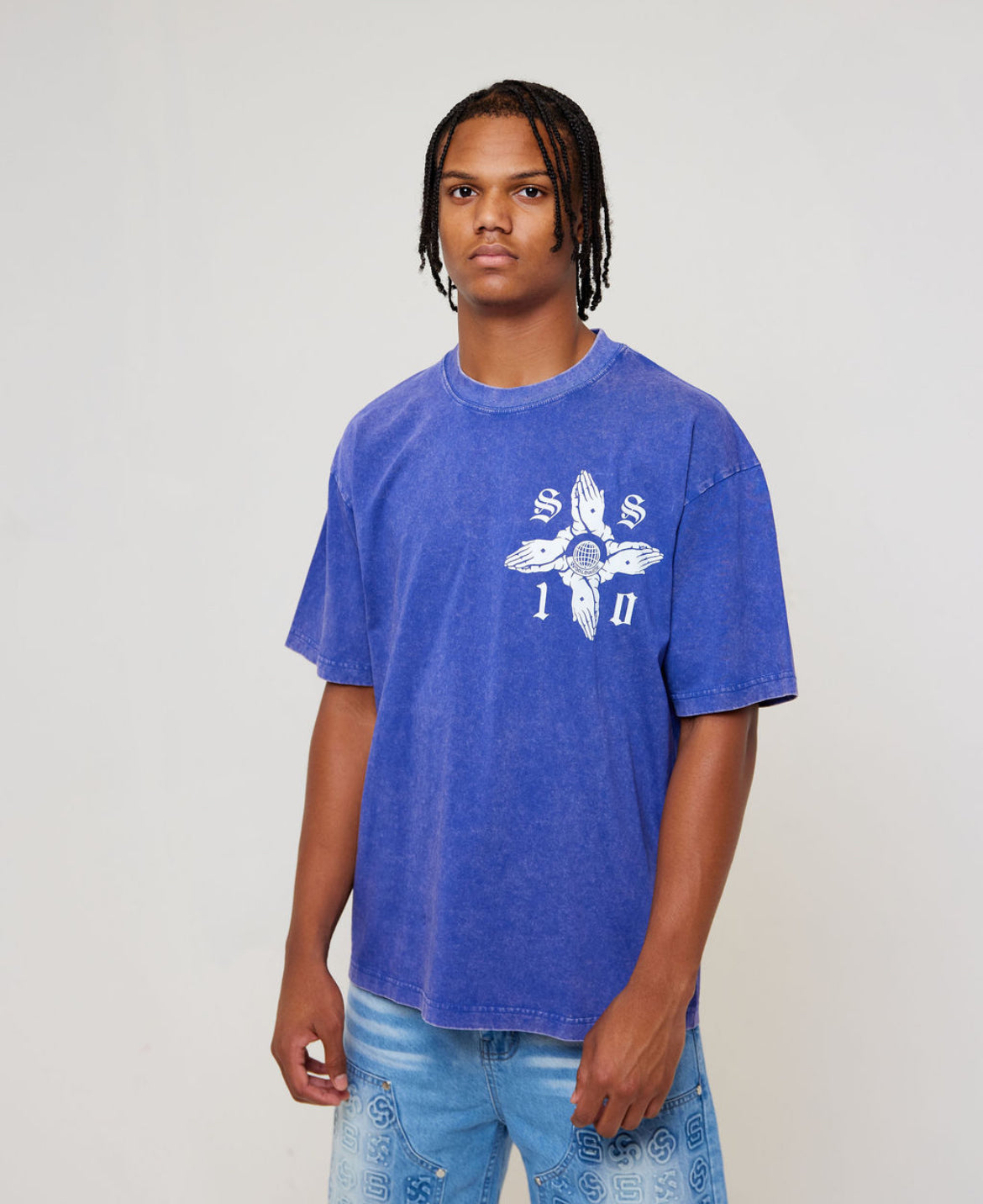 Praying Hands Tee - Purple Acid Wash