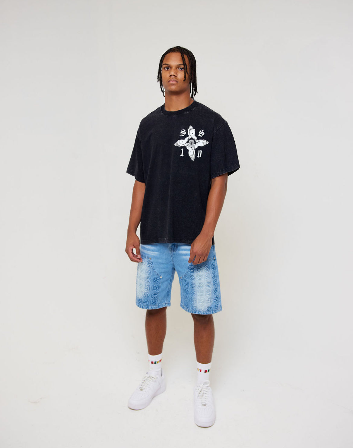 Praying Hands Tee - Black Acid Wash