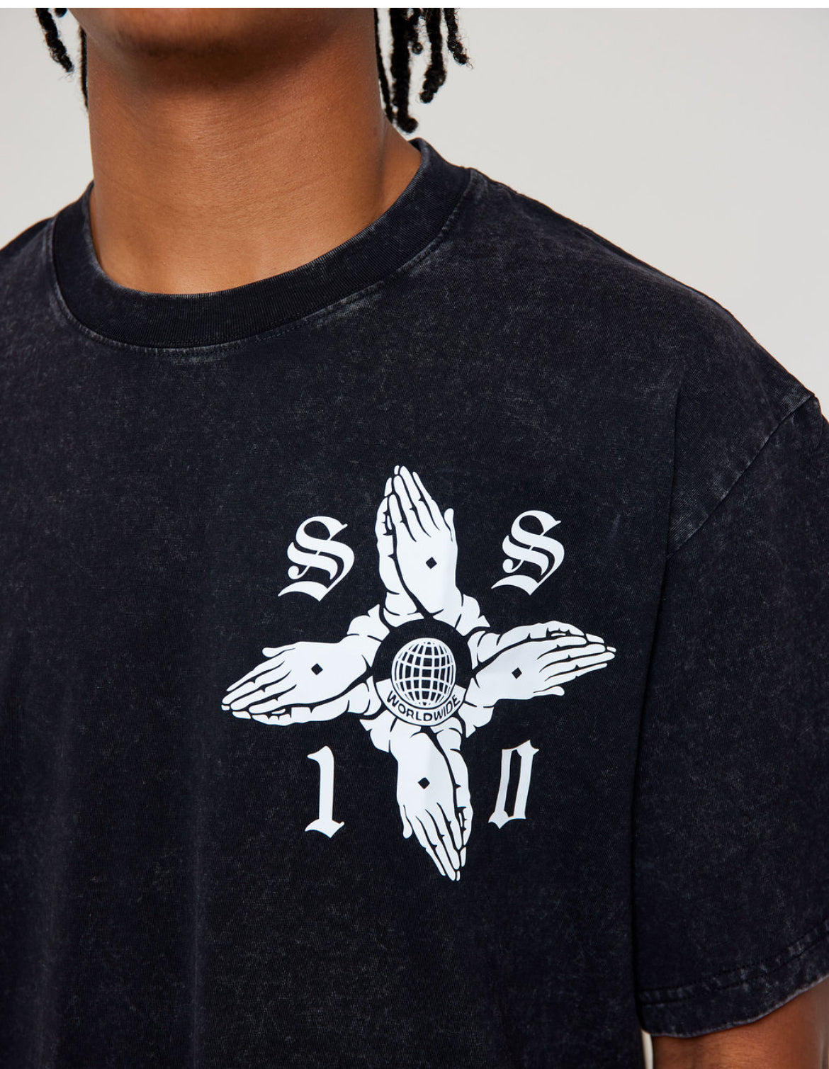 Praying Hands Tee - Black Acid Wash