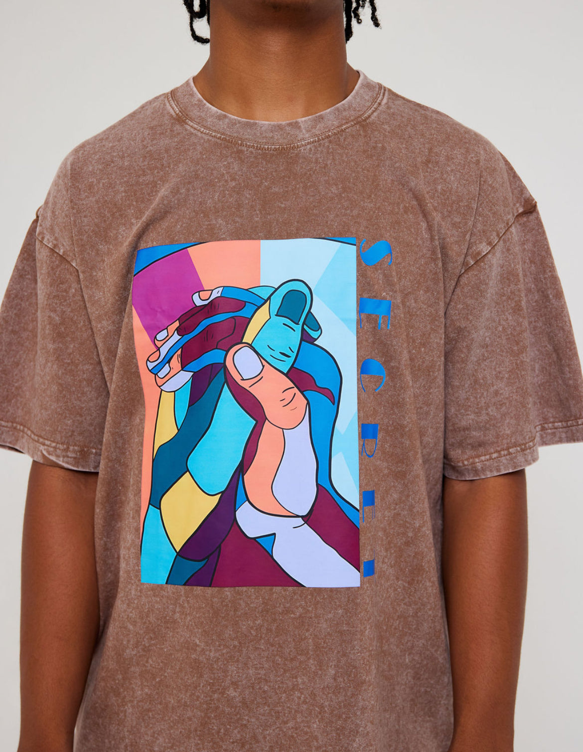 World Wide Hands Tee- Brown Acid Wash